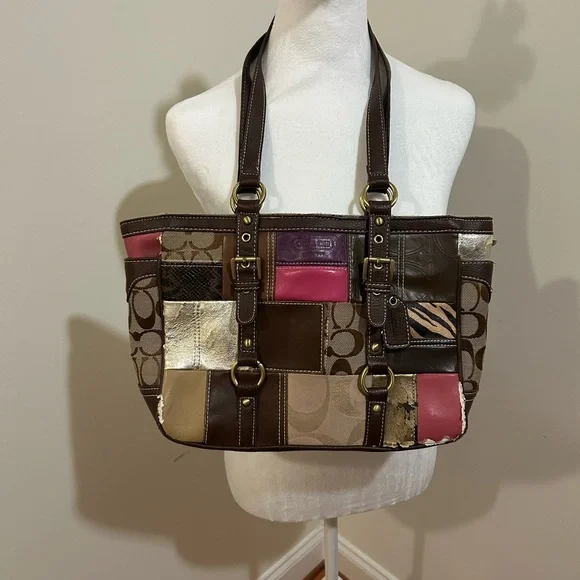 Coach copy Y2K Patchwork Tote Bag - Brown, Pink, Gold - Picture 2 of 10